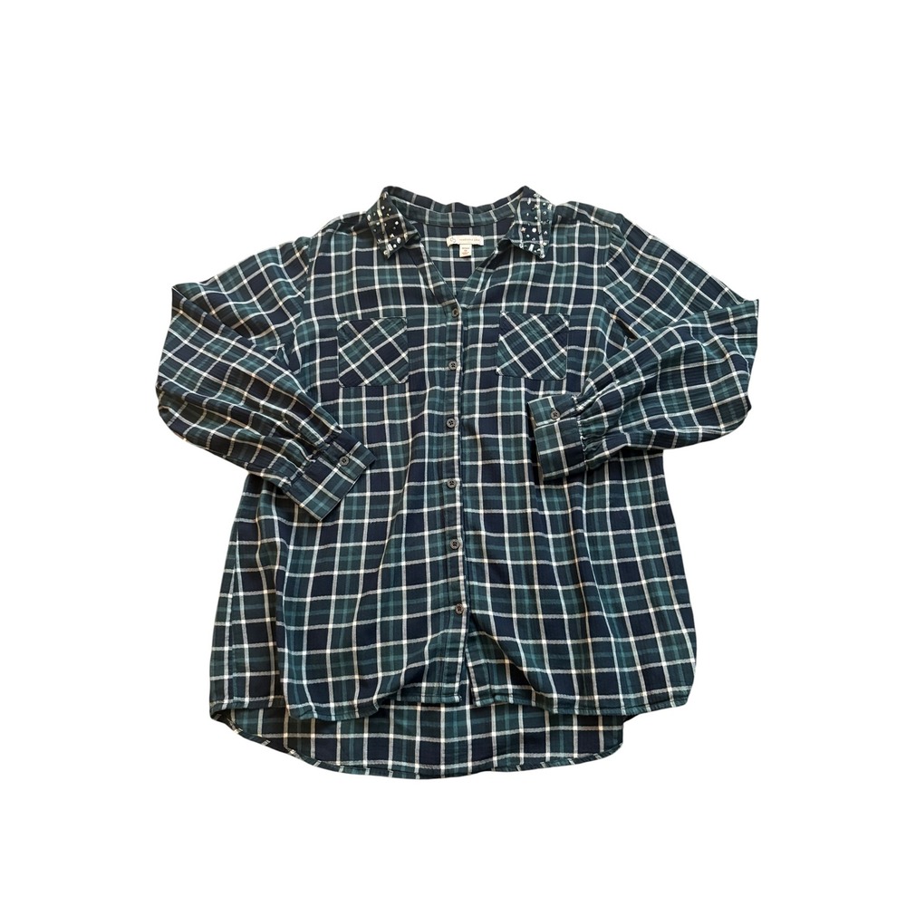 Women's 1X Plaid Button Up Shirt Studded Collar‎ Blue Green Cotton
